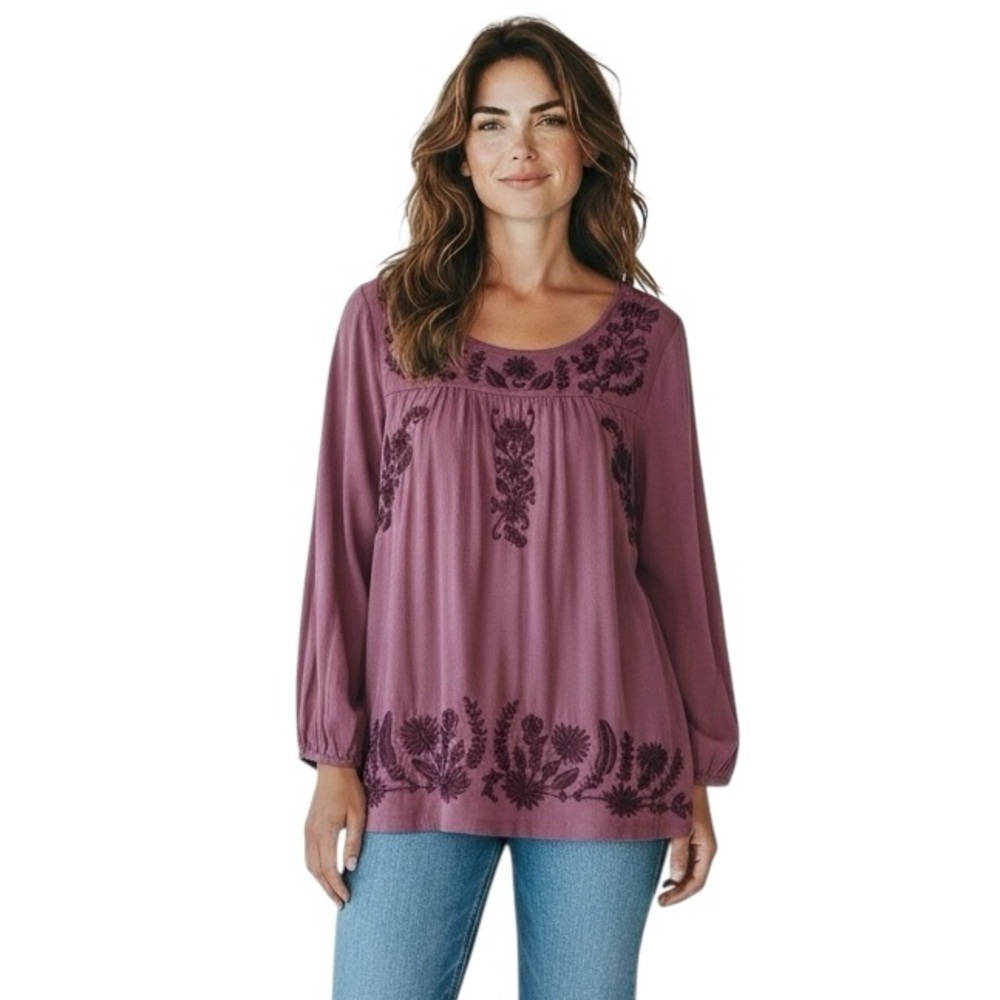 Garnet Hill tonal embroidered burgundy modal cotton scoop neck top size small